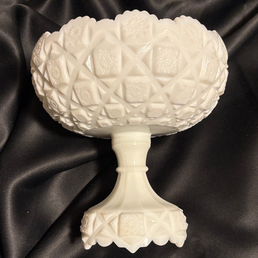 Westmoreland Old Quilt Milk Glass Pedestal Compote approx 7.5” H, 7” across top